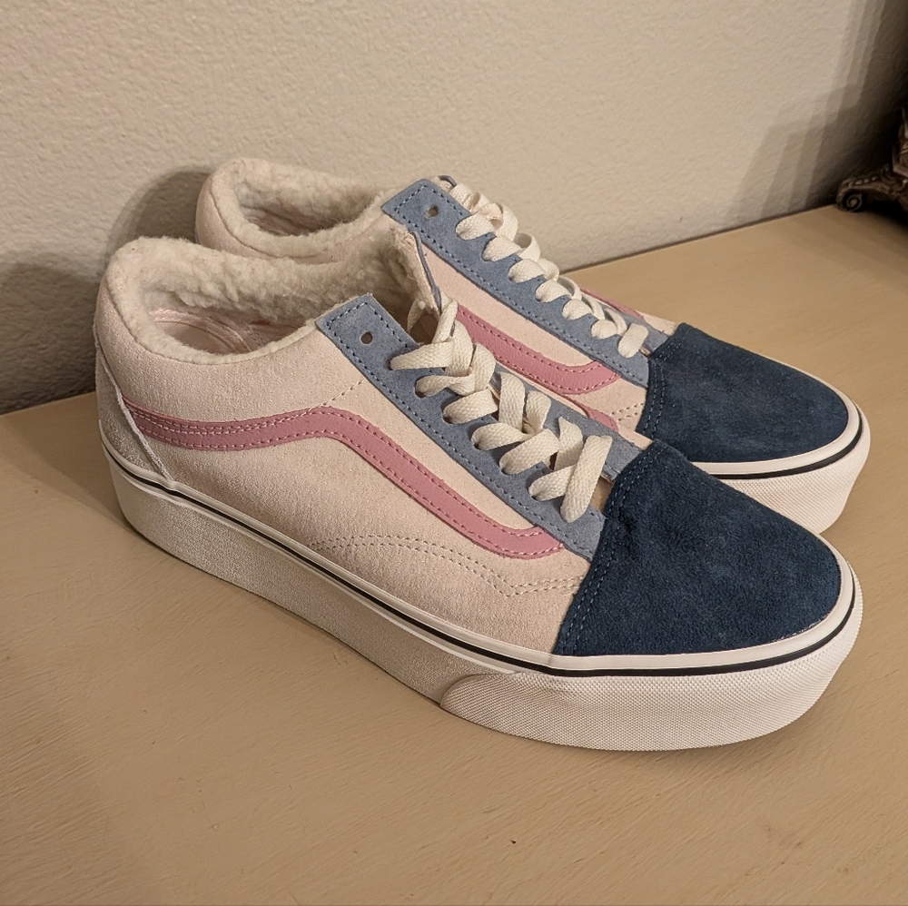 NEW Women's Vans Old Skool Stacked Platform Pig Suede Sherpa Multi Color Shoes